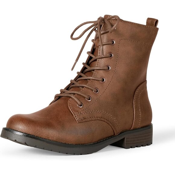 ⚡Women Cognac Faux Buffalo Grain Leather Metal Eyelet Lug-sole Combat Boot - Picture 1 of 6